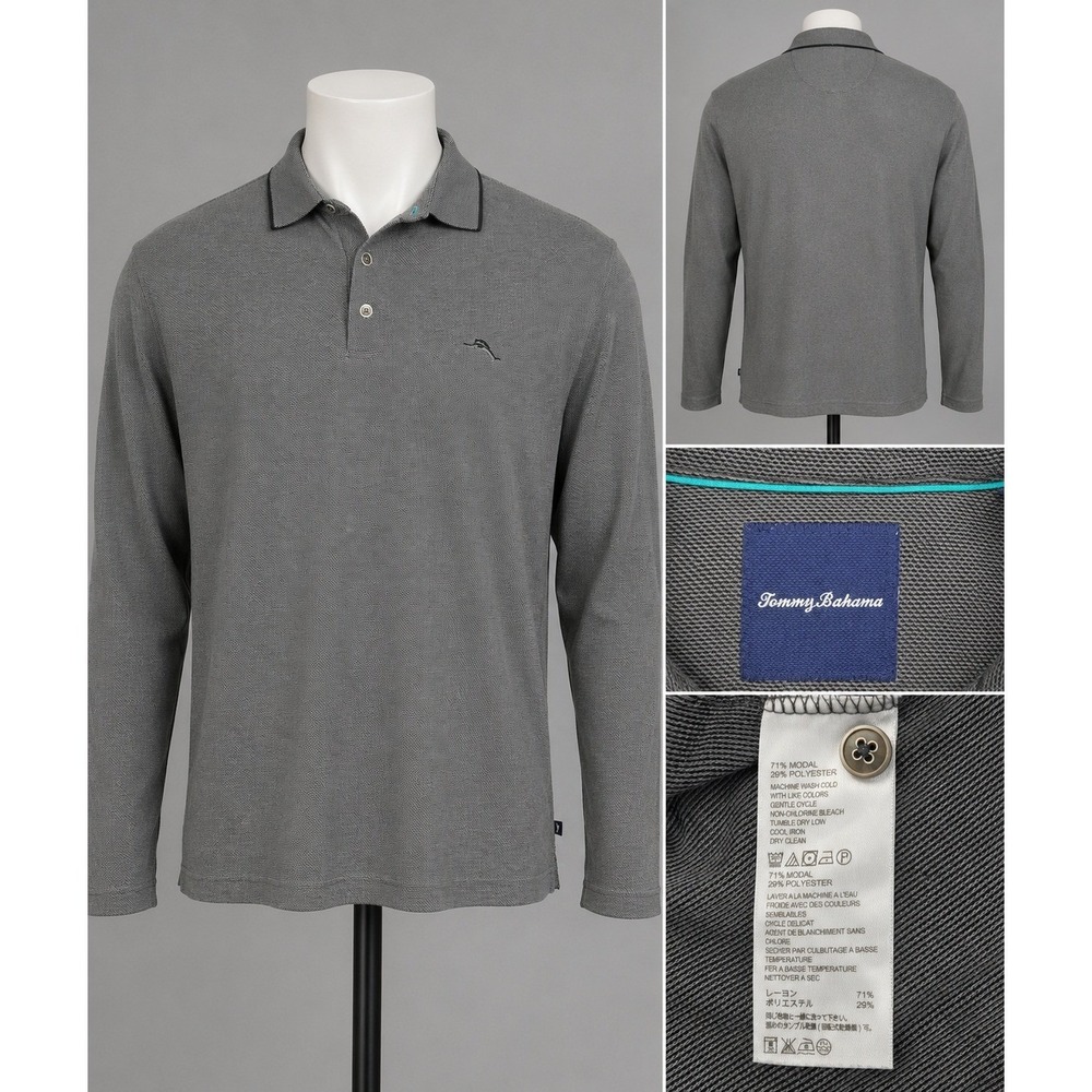 Tommy Bahama Mens Large Gray Long Sleeve Polo Shirt Modal Blend Casual L/G